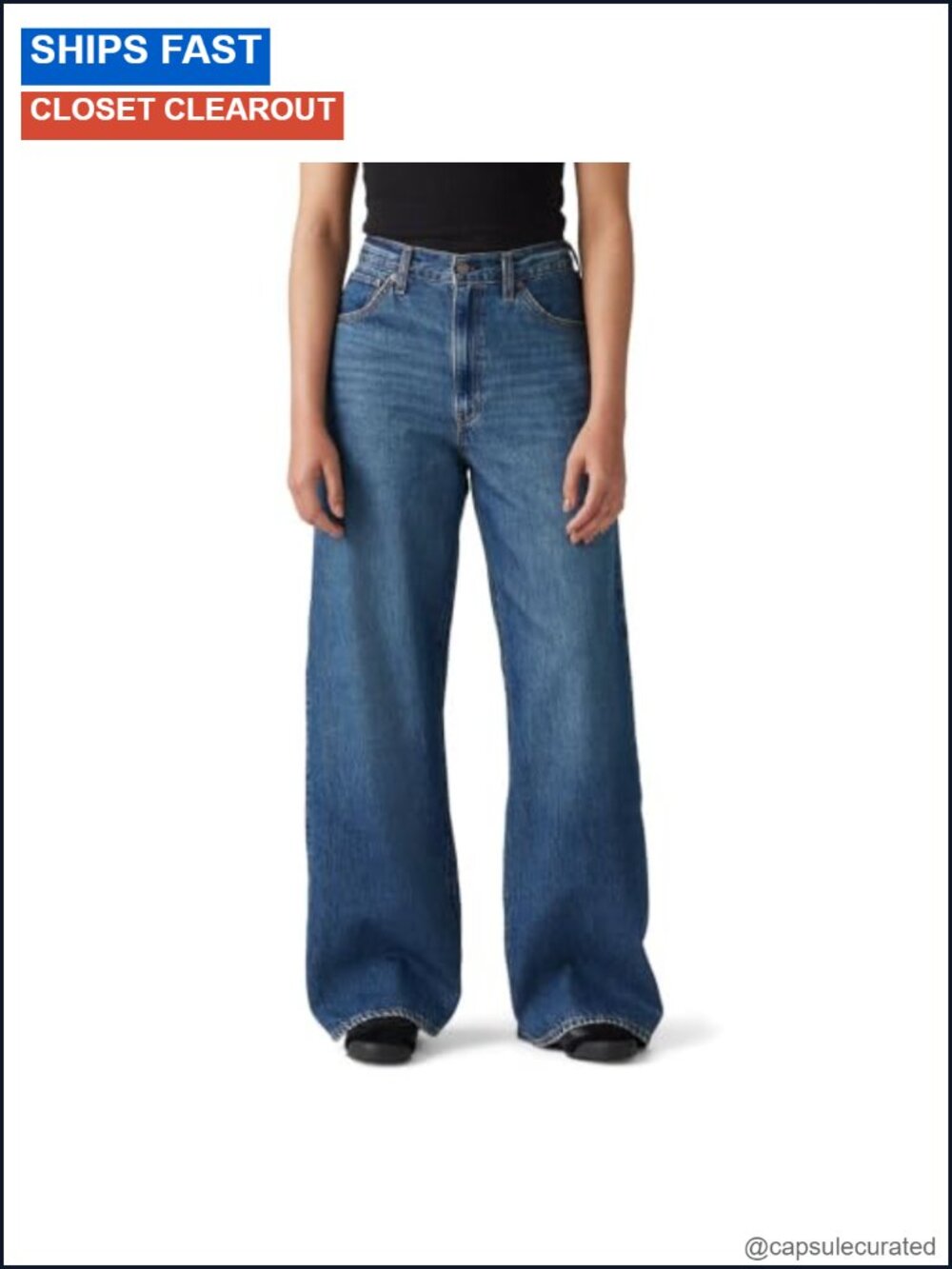 High Rise Cinch Baggy Wide Straight Leg Non-Stretch Jeans